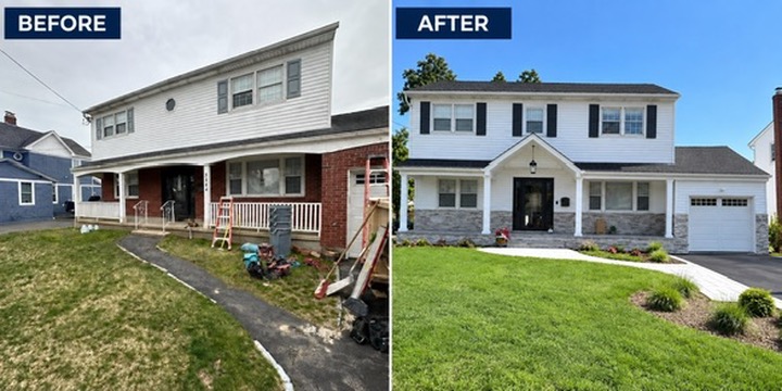 Before and after: white colonial with new entry portico and stone accents