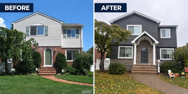Before and after: full exterior remodel with gray siding, stone, and portico