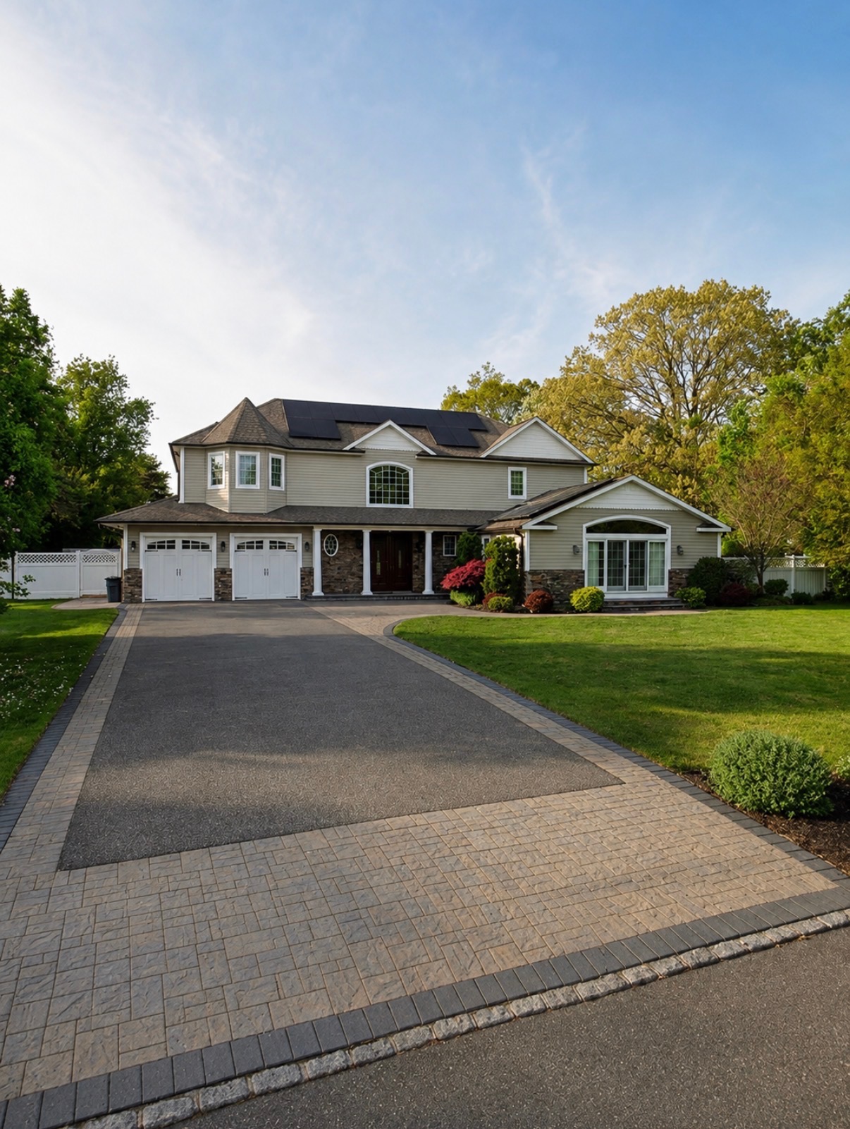 Two-story colonial with a turret, side extension, and multiple garage doors