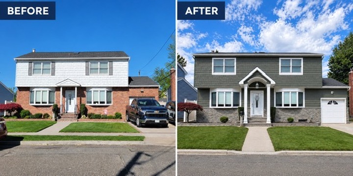 Before and after: colonial facelift with green-gray siding and portico entry