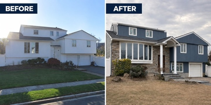 Before and after: split-level updated with blue siding and stone facade