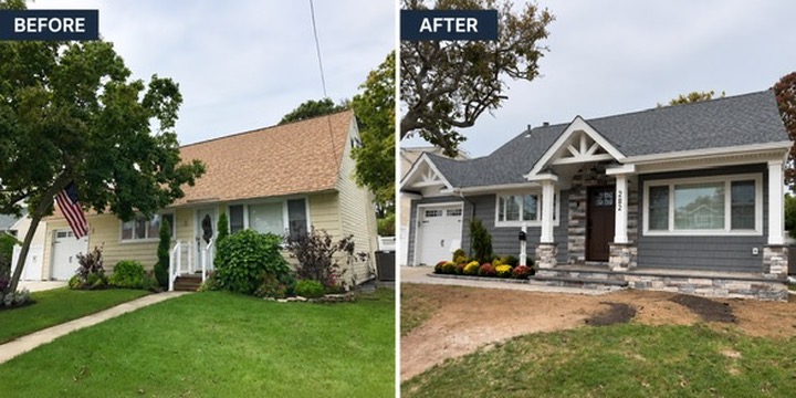 Before and after: ranch transformed with new roof, stone entry, and gray siding