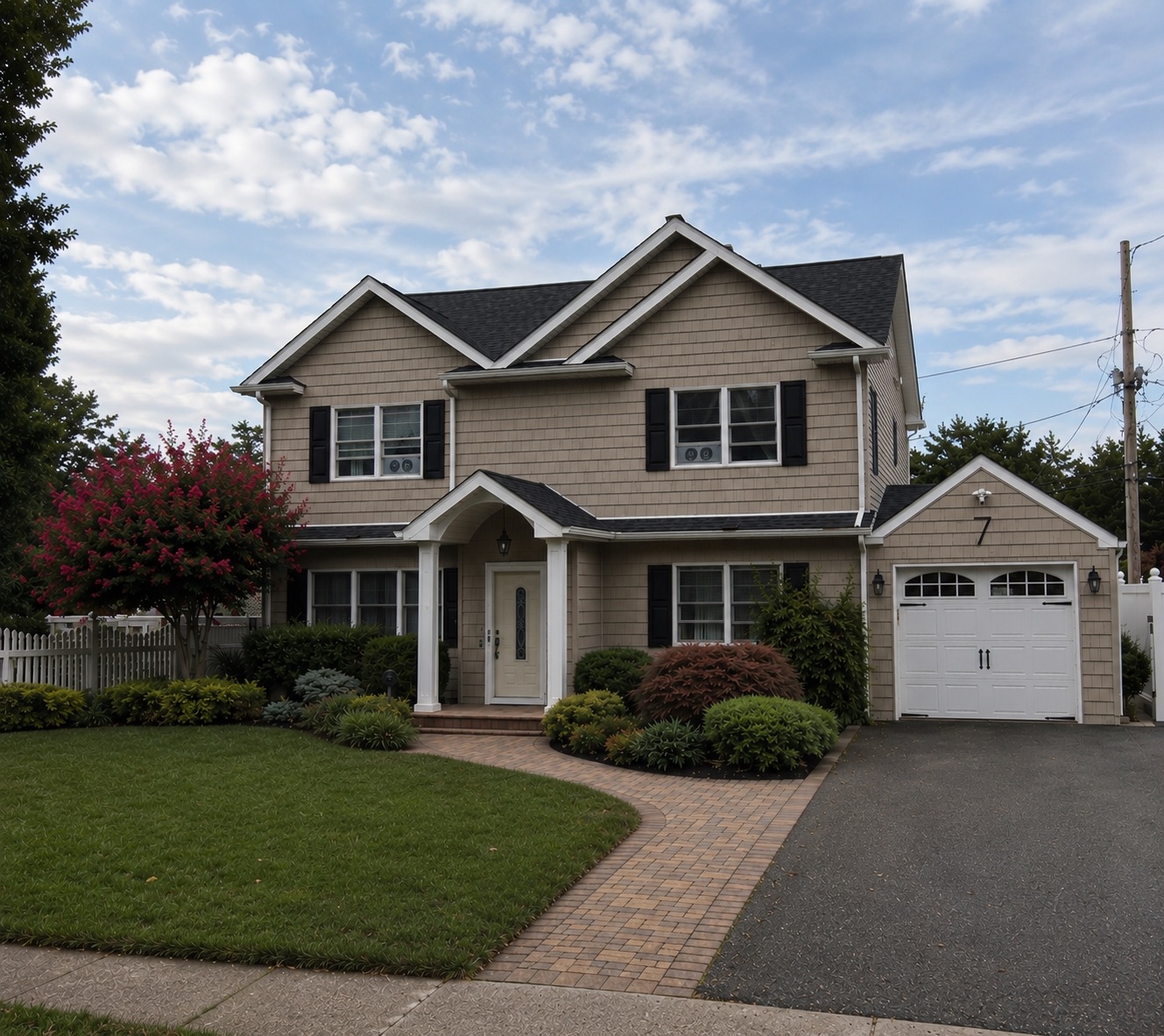 Dormered colonial with new siding, shutters, and portico