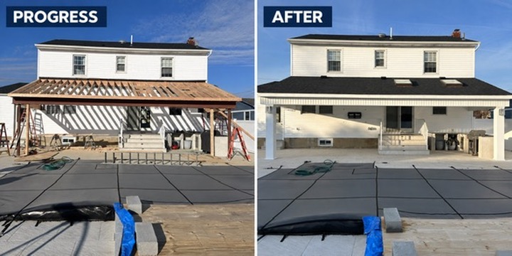 Progress and after: poolside patio roof build from framing to finish